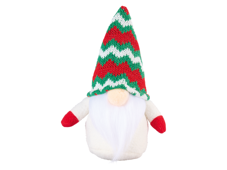 Christmas gnome with a white beard and a red and green striped hat.