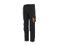 Black work trousers with orange details and stitching, side pockets, and knee reinforcements.