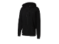 Black zip-up hoodie with pockets, featuring a small logo on the chest.