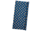 Blue wrapping paper with a pattern of golden Christmas trees and small white dots.