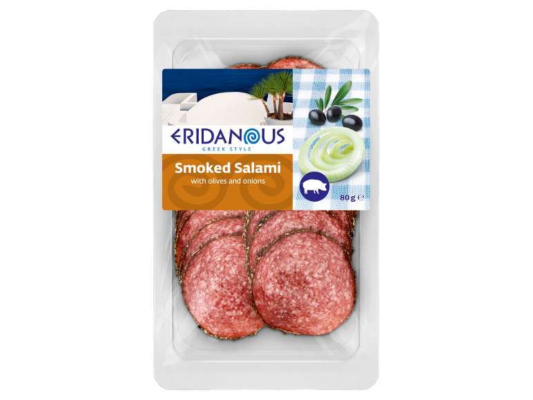 Smoked salami with olives and onions, Greek style, packaged.