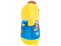 Yellow plush toy in blue overalls with patterns and a brown beret.