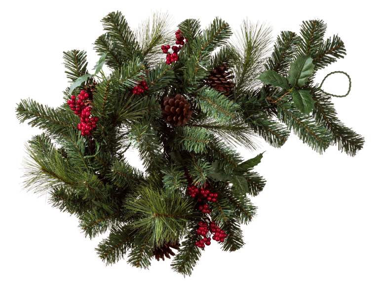 Christmas garland with red berries and pinecones.