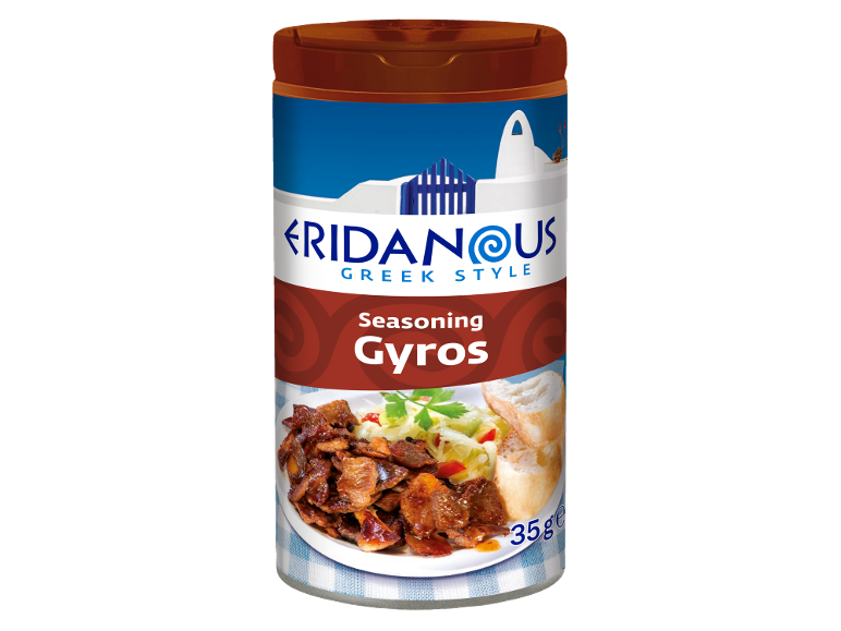 Greek style seasoning jar with gyros seasoning and an image of a prepared dish.