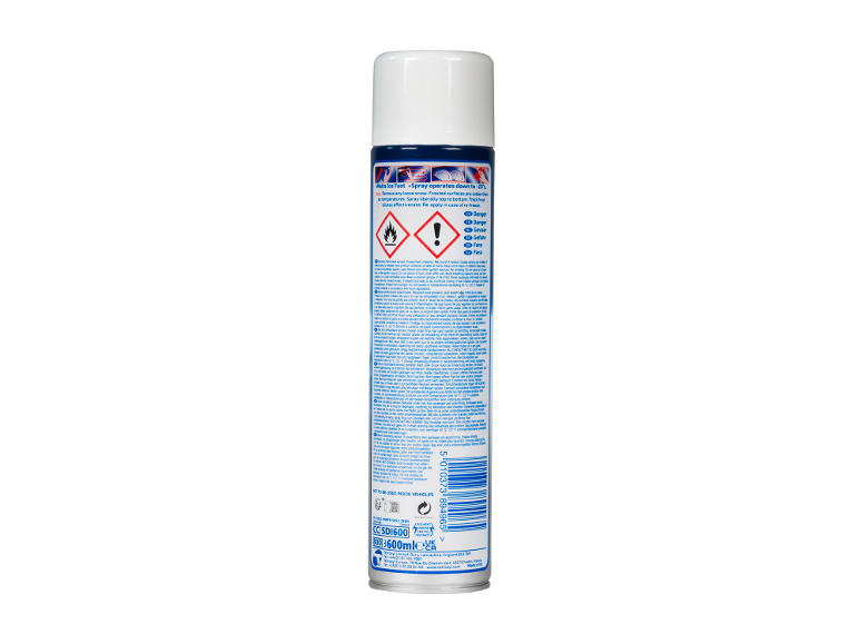Back of a de-icer spray can with instructions for use and warnings.