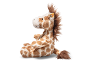 Soft plush giraffe toy in a sitting position on a white background.