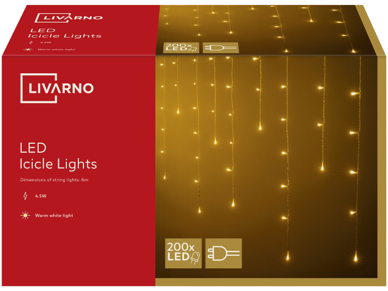 Livarno LED Icicle Lights, 6m long with 200 warm white LEDs and 4.5W power.