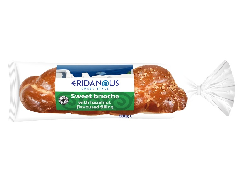 Sweet brioche with hazelnut flavoured filling, packaged in clear plastic.