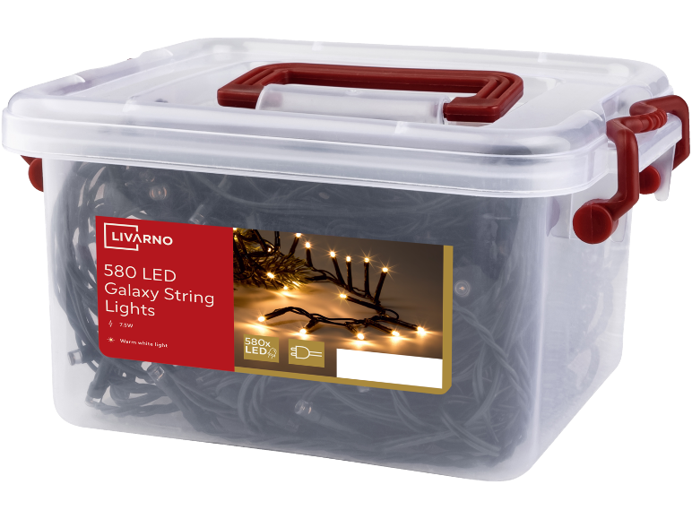 Livarno LED Galaxy string lights in a clear storage box, 580 LEDs, warm white light.