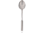 Metal kitchen ladle with a cylindrical handle and a hanging loop.