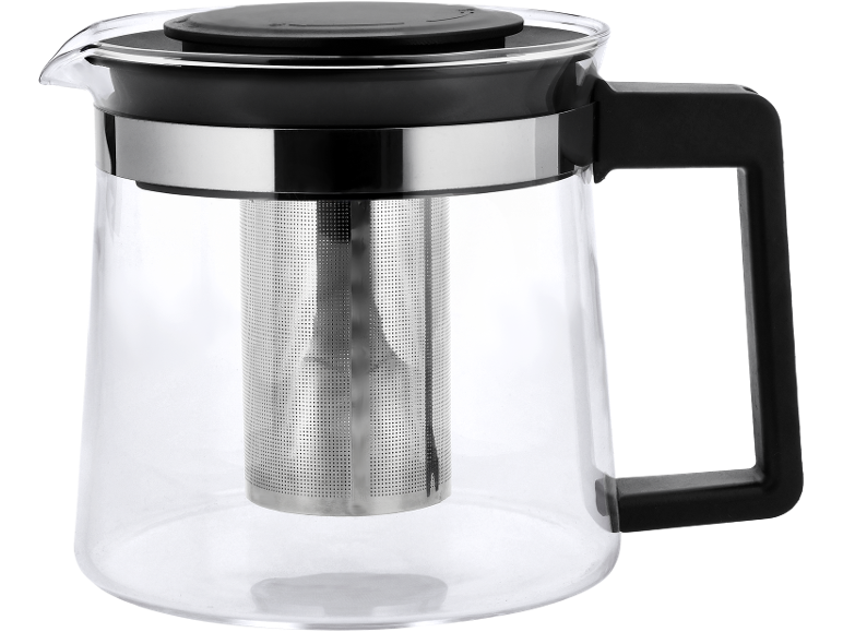 Glass teapot with a black lid and handle, and a metal infuser.
