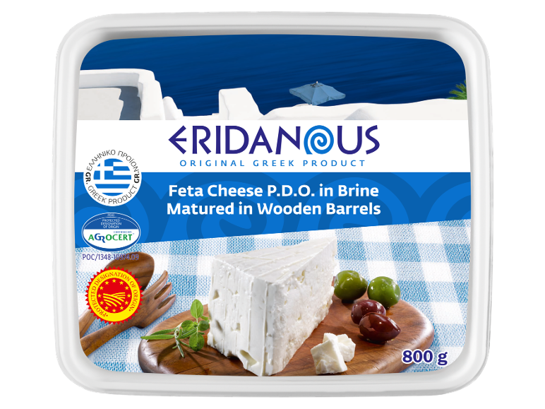 Feta cheese in brine, matured in wooden barrels, with olives and herbs, 800 g.