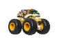 Leopard print monster truck with a green windshield and yellow rims.