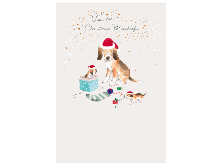 Christmas card featuring cute puppies and the text Time for Christmas Mischief.