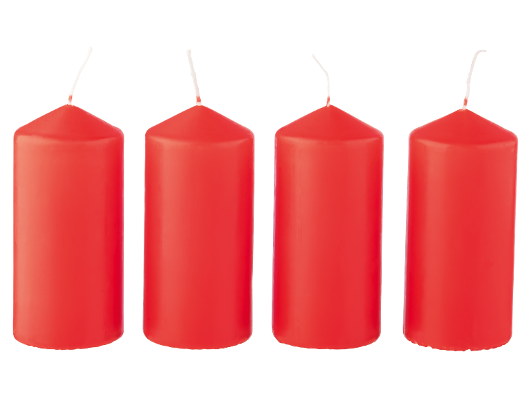 Four red candles with white wicks on a black background.