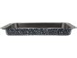 Black baking dish with white speckles and a glossy interior.
