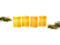 Four golden LED candles with pine branches and Christmas ornaments.