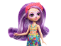 Doll with purple hair, flower headband, and floral print dress.