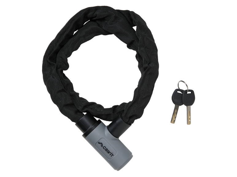 Black bicycle chain lock with a grey lock and two keys.