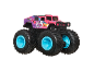 Pink toy monster truck with the number 105 and blue rims.