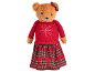Teddy bear with red snowflake sweater and plaid skirt