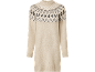 Beige sweater dress with black and white Fair Isle pattern on the yoke.