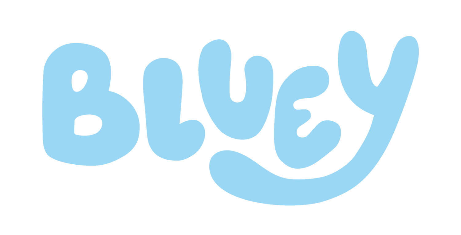 Logo with the word 'BLUEY' in light blue, bubbly letters.