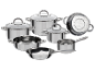 Stainless steel cooking pot and pan set with glass lids and a colander.