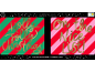 Two festive Christmas cards with gold lettering on red, green and pink striped backgrounds.