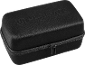 Black storage case with zipper and embossed text