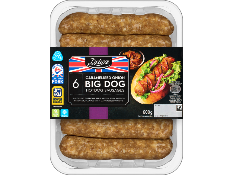 Pack of 6 caramelised onion pork hotdog sausages, with a hotdog serving suggestion.