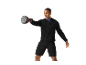 Man in black hoodie and shorts exercising with an ab roller.