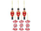 Christmas ornaments: three red and gold toy soldiers and three red and white candy ornaments.