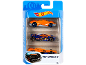 Set of three orange and blue racing cars in packaging.