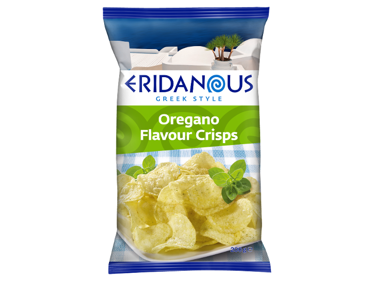 Oregano flavour crisps, Greek style, with a seascape in the background.