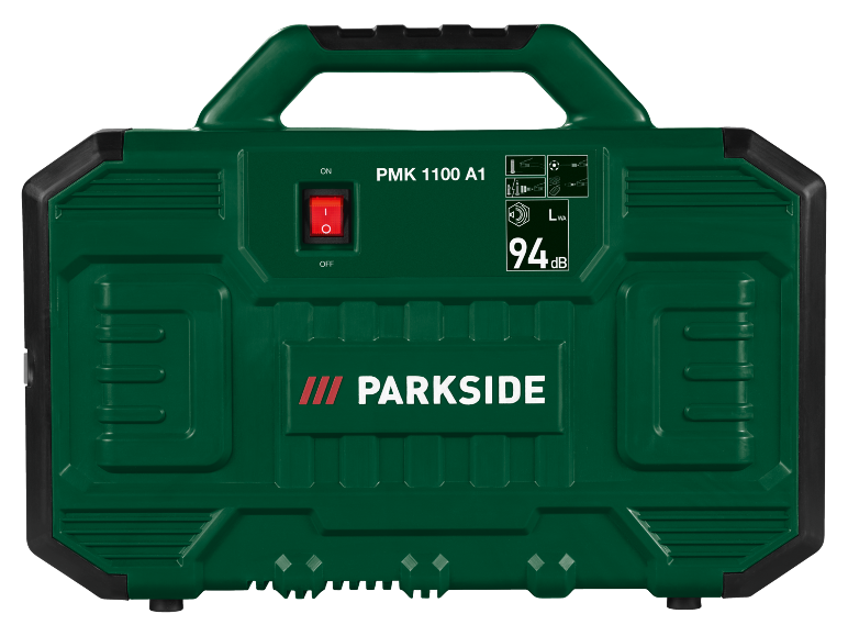 Green compressor with on/off switch and 94 dB noise level indicator