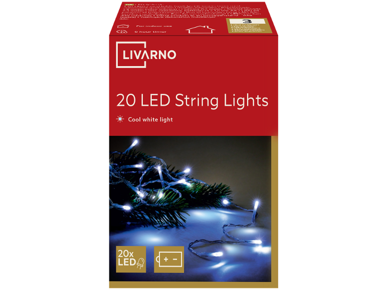 Livarno 20 LED String Lights, cool white, with a 6-hour timer, for indoor use.
