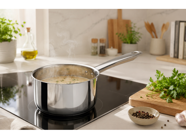 Pot of steaming soup on an induction hob in the kitchen.