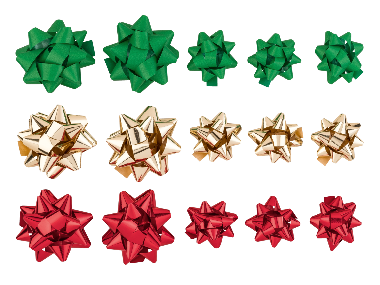 Green, gold, and red gift bows in various sizes on a black background.