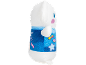 White plush toy in blue denim overalls with patches and a bow.