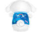 White plush toy with a blue vest featuring a rainbow, clouds, and text.