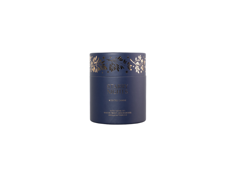 Starry Nights scented candle in blue packaging with gold details
