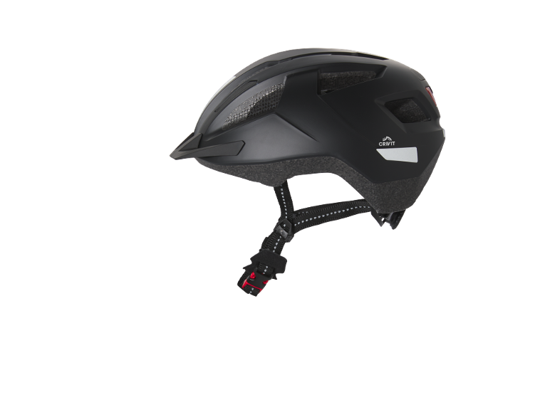 Black bicycle helmet with a visor and reflective elements.