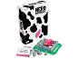 Party board game with question cards, tokens, and a pink cow in a paddock.