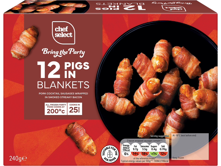 Chef Select Partytime pork cocktail sausages wrapped in smoked bacon.