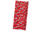Red Christmas wrapping paper with cartoon cars and snowflakes.