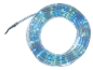 Blue and white LED rope lights coiled in a circle on a black background.