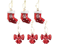 Red Christmas decorations: 3 stockings with snowflakes and 3 bows.