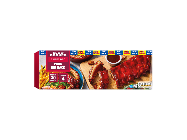 Slow cooked BBQ pork rib rack, packed for 4 servings, with nutritional information.