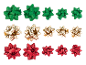 Green, gold, and red gift bows in various sizes on a black background.